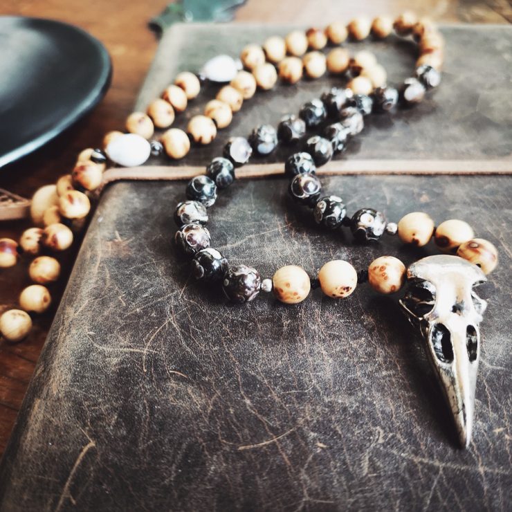Turritella & Cypress Burl Wood Mala Necklace ~ Raven